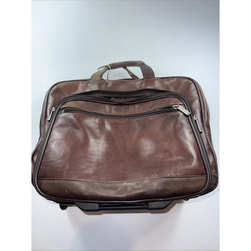 Kenneth Cole Reaction‎ Leather Rolling Briefcase Brown Zippered Laptop